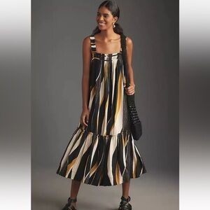 ANTHROPOLOGIE Square-Neck Waistless Midi Dress, Black Motif, Size Large NWT